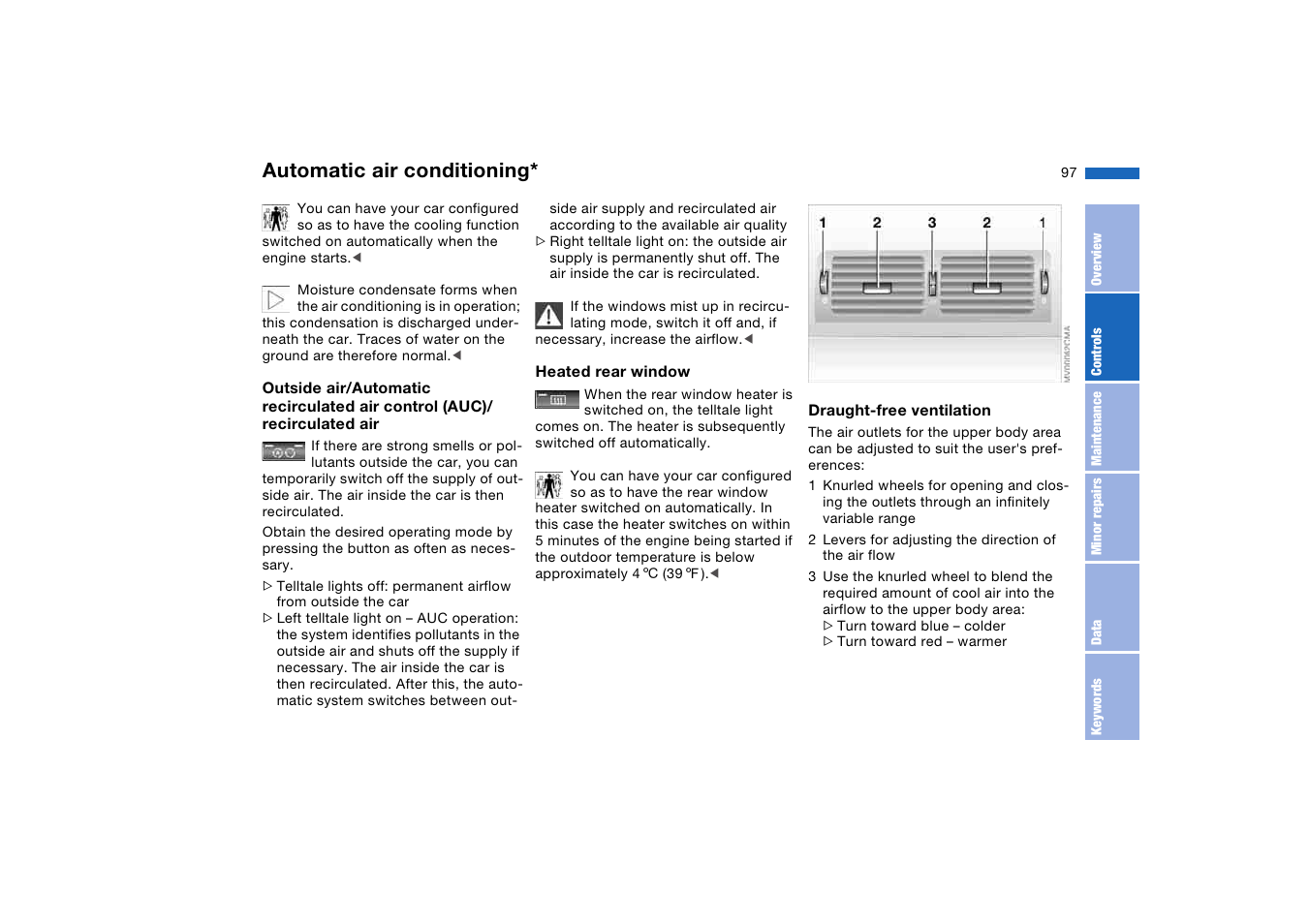 Air to the upper body area, Automatic air conditioning | BMW AG User Manual | Page 97 / 186