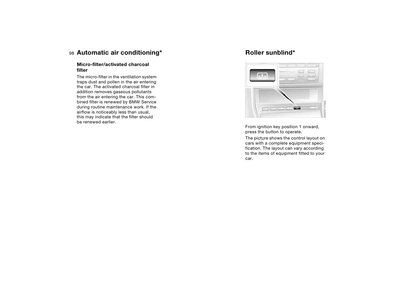 Roller sunblind, Automatic air conditioning | BMW AG User Manual | Page 98 / 186