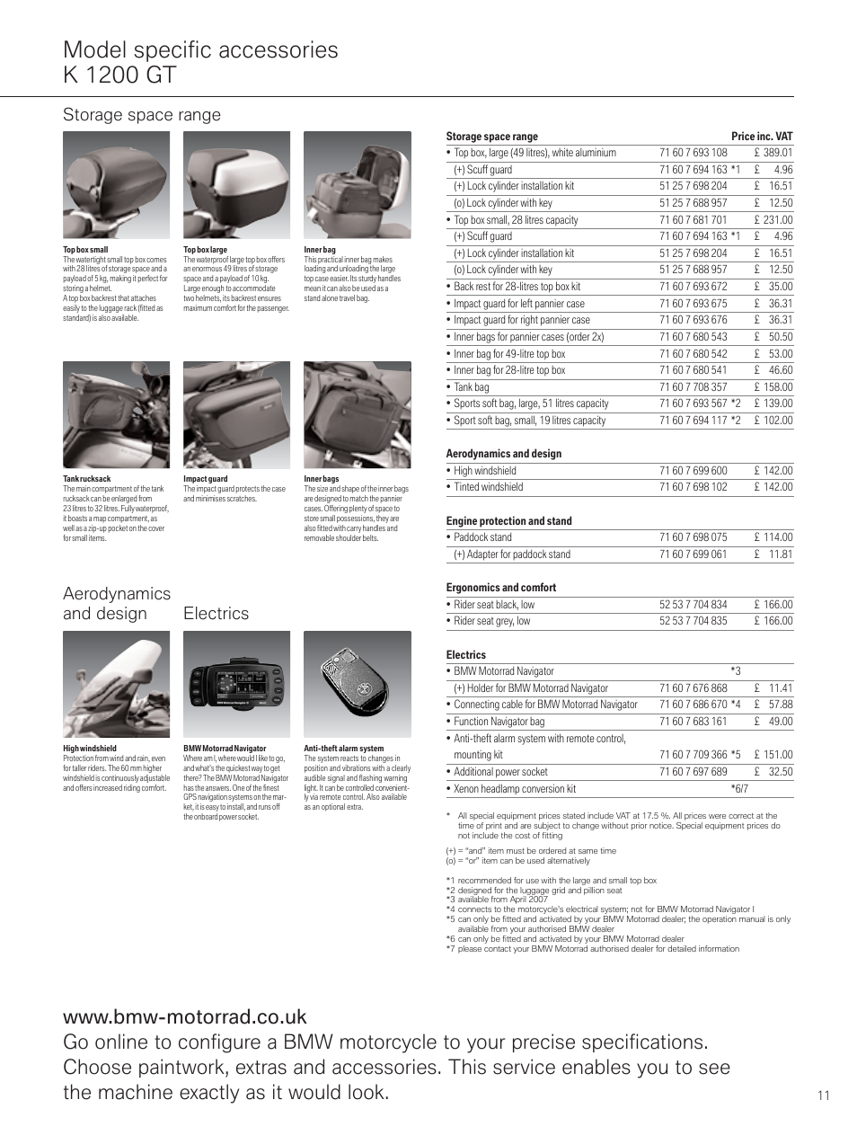 Model specific accessories k 1200 gt, Electrics aerodynamics and design, Storage space range | BMW MOTORRAD K 1200 R SPORT User Manual | Page 11 / 16