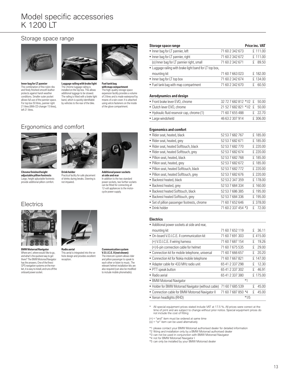 Model specific accessories k 1200 lt, Storage space range, Electrics ergonomics and comfort | BMW MOTORRAD K 1200 R SPORT User Manual | Page 13 / 16