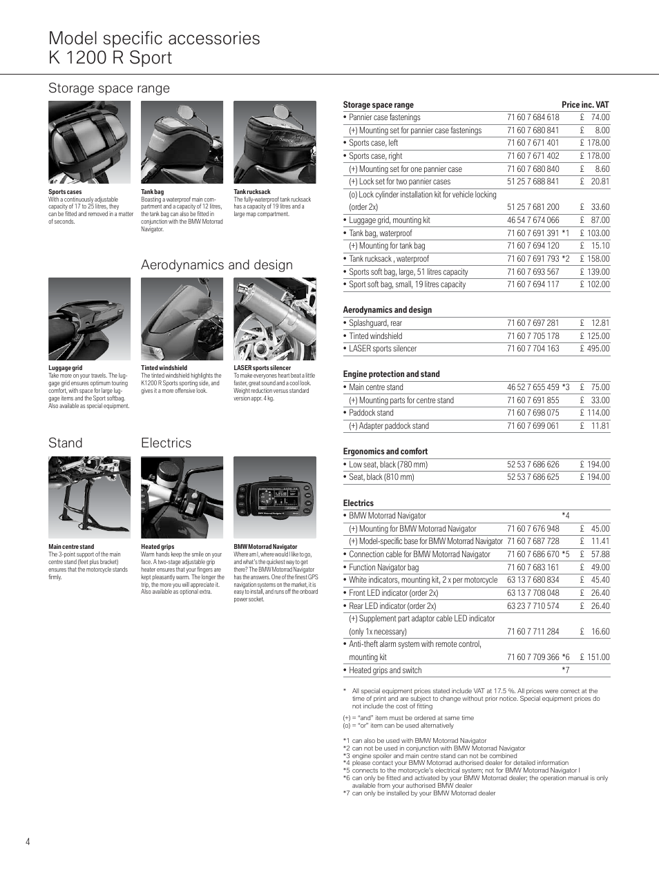 Model specific accessories k 1200 r sport, Electrics stand, Aerodynamics and design storage space range | BMW MOTORRAD K 1200 R SPORT User Manual | Page 4 / 16