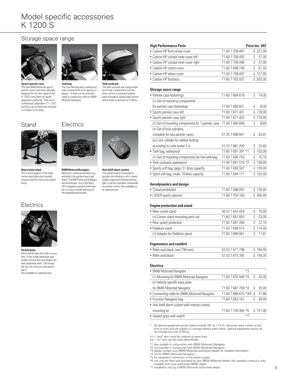 Model specific accessories k 1200 s, Electrics, Stand electrics storage space range | BMW MOTORRAD K 1200 R SPORT User Manual | Page 9 / 16