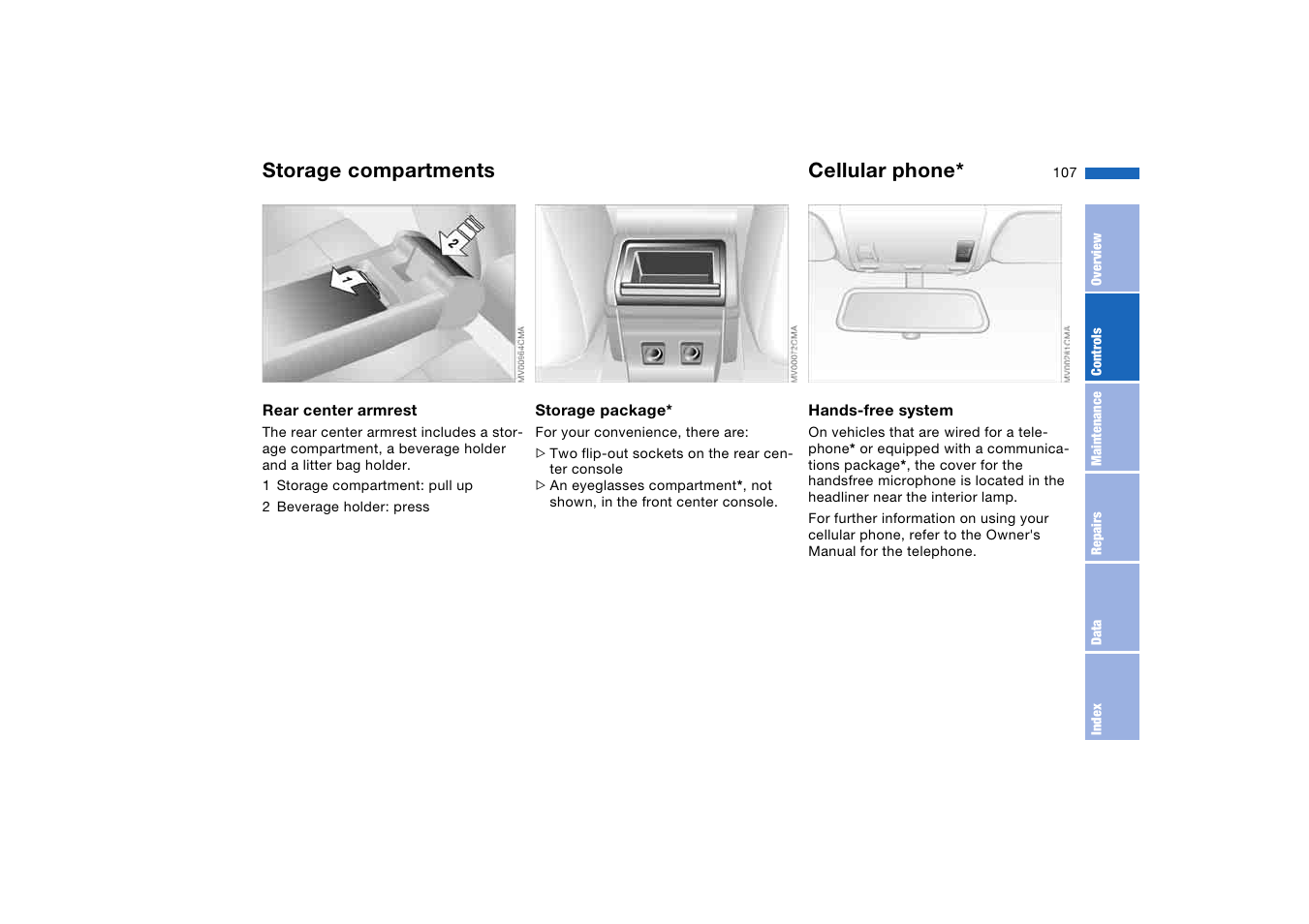 Cellular phone, Storage compartments | BMW 325XI User Manual | Page 107 / 178