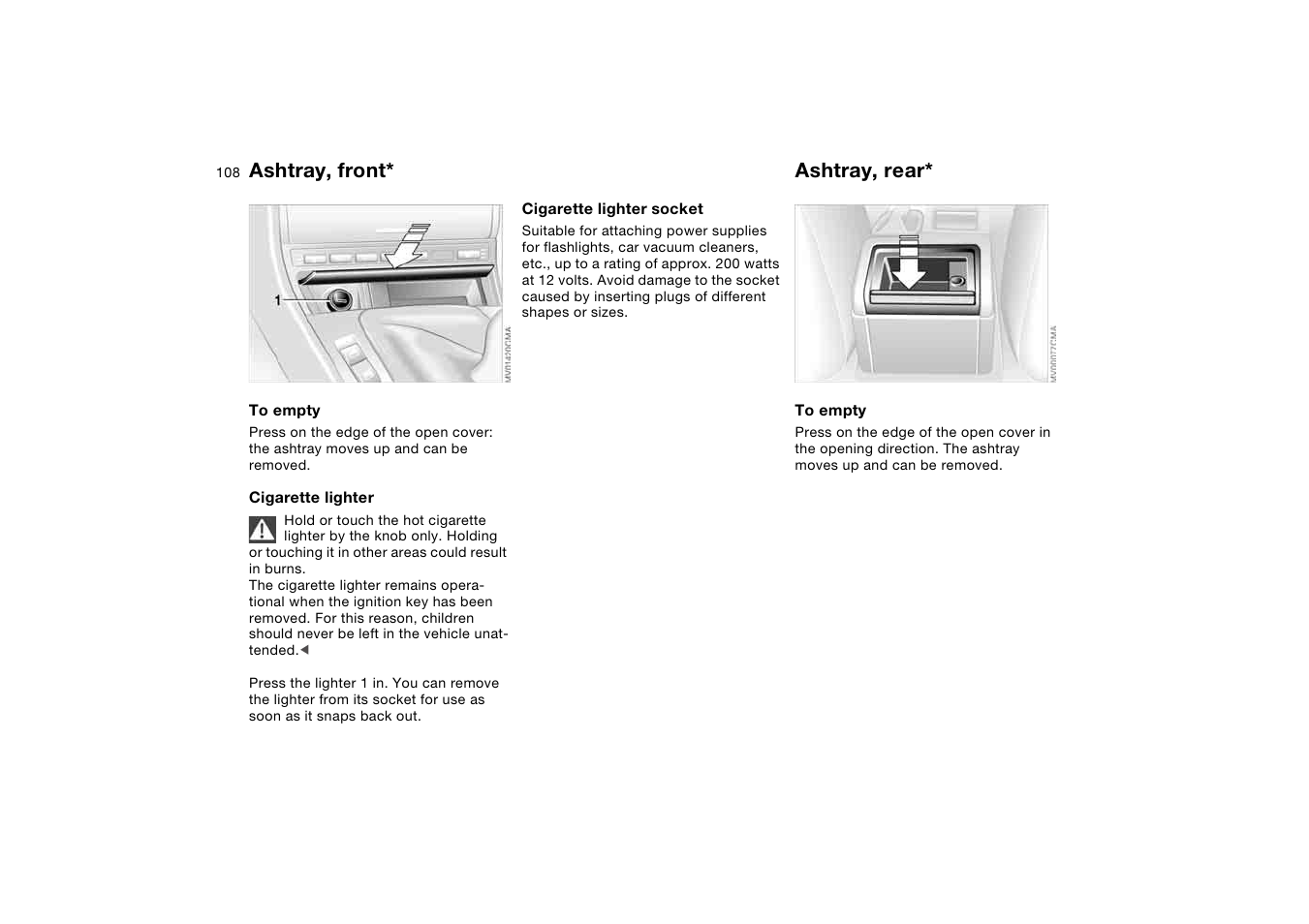 Ashtray, front, Ashtray, rear | BMW 325XI User Manual | Page 108 / 178