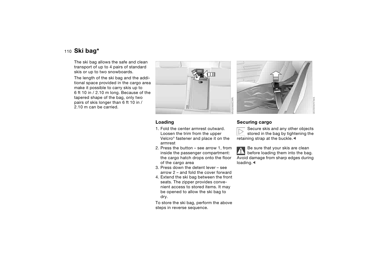 Loading and transporting, Ski bag | BMW 325XI User Manual | Page 110 / 178