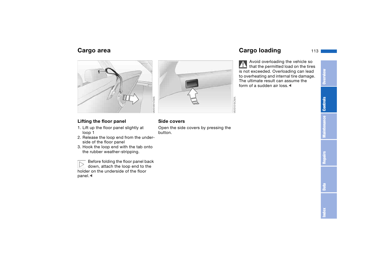 Cargo loading, Cargo area | BMW 325XI User Manual | Page 113 / 178