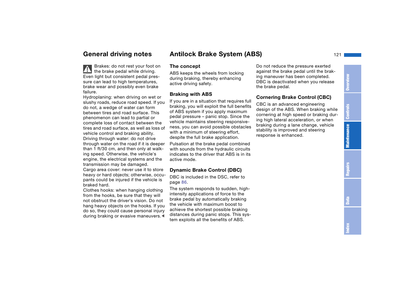 General driving notes, Antilock brake system (abs), Antilock brake system | Abs) | BMW 325XI User Manual | Page 121 / 178