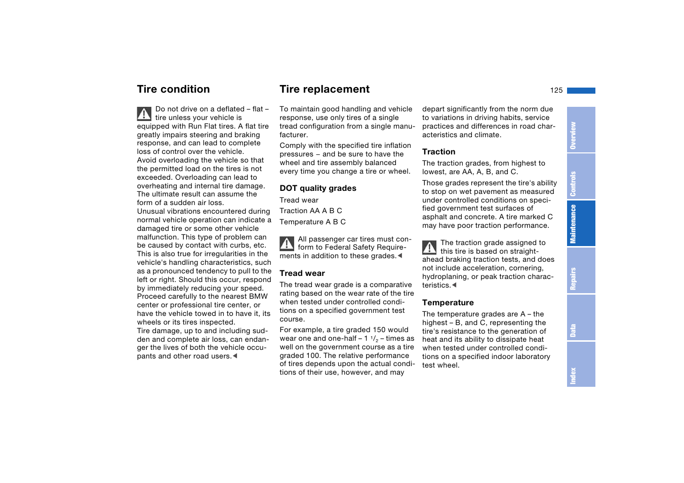 Tire replacement, Tire condition | BMW 325XI User Manual | Page 125 / 178