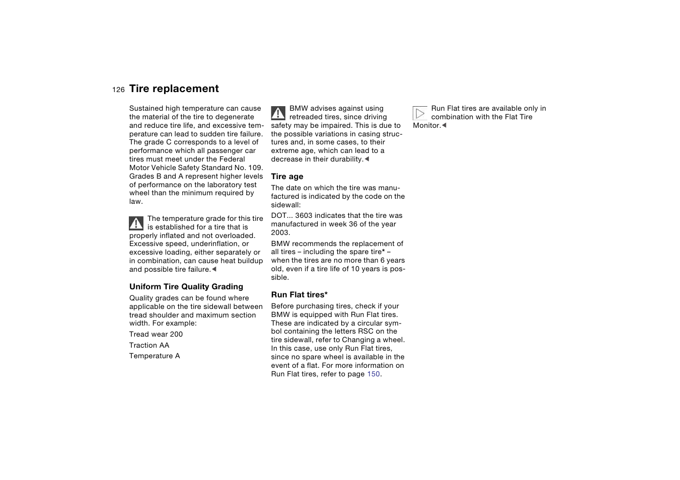 Tire replacement | BMW 325XI User Manual | Page 126 / 178