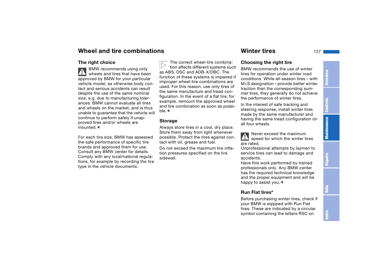 Wheel and tire combinations, Winter tires, Wheel and tire | Combinations | BMW 325XI User Manual | Page 127 / 178