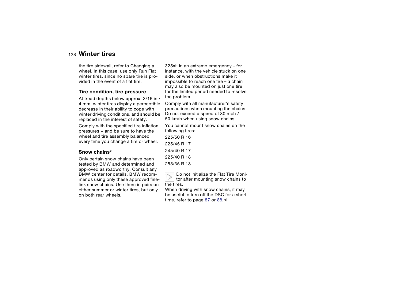 Winter tires | BMW 325XI User Manual | Page 128 / 178