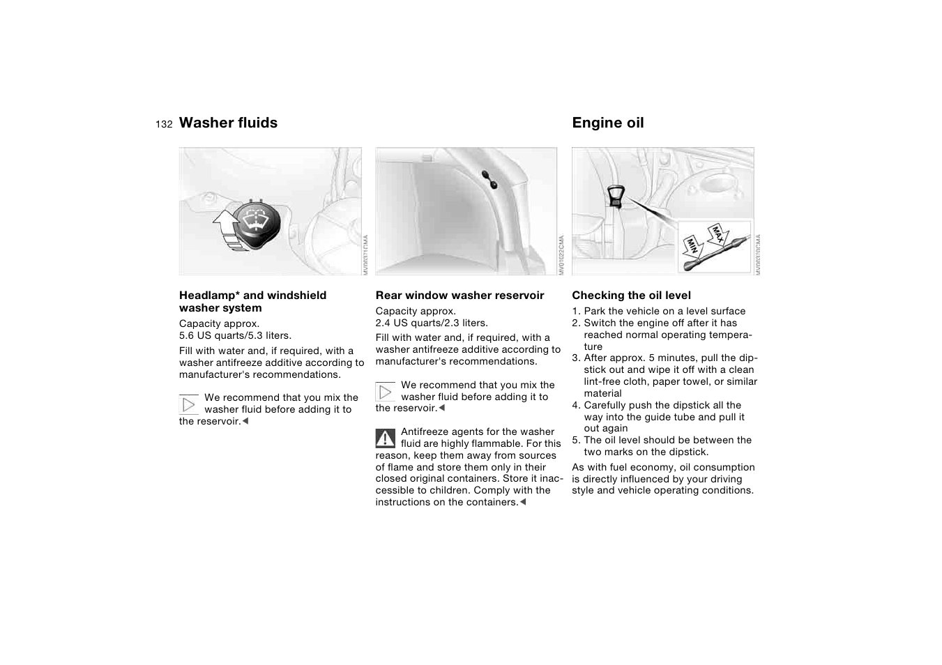 Washer fluids, Engine oil, Engine oil filler neck | BMW 325XI User Manual | Page 132 / 178