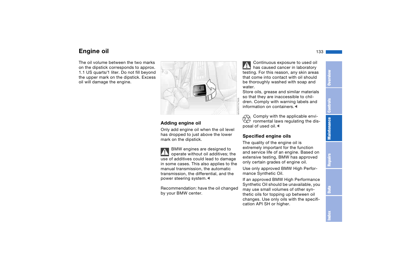 Engine oil | BMW 325XI User Manual | Page 133 / 178