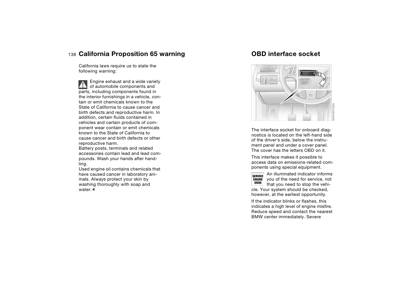 Laws and regulations, California proposition 65 warning, Obd interface socket | California proposition 65, Warning | BMW 325XI User Manual | Page 138 / 178