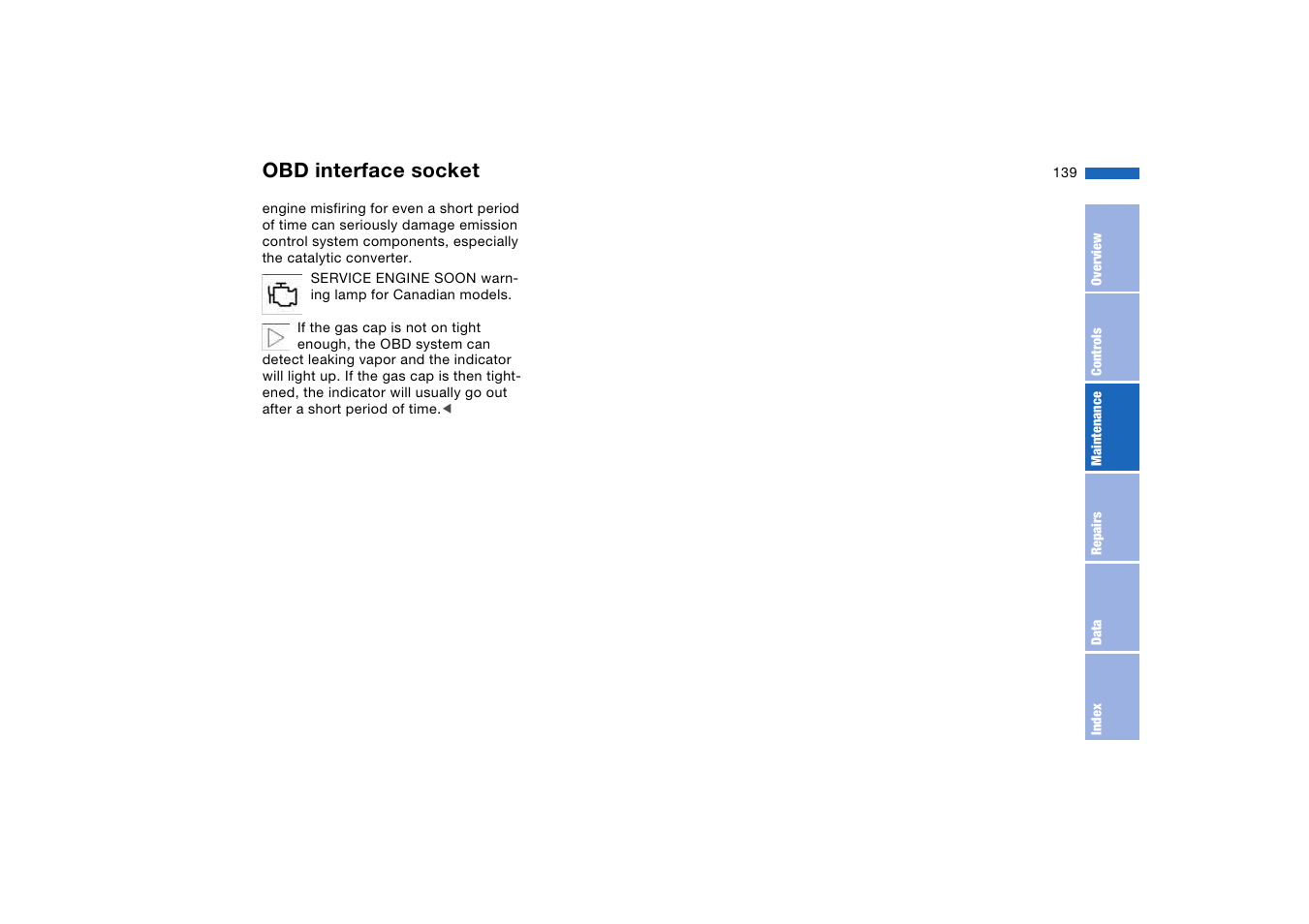 Obd interface socket | BMW 325XI User Manual | Page 139 / 178