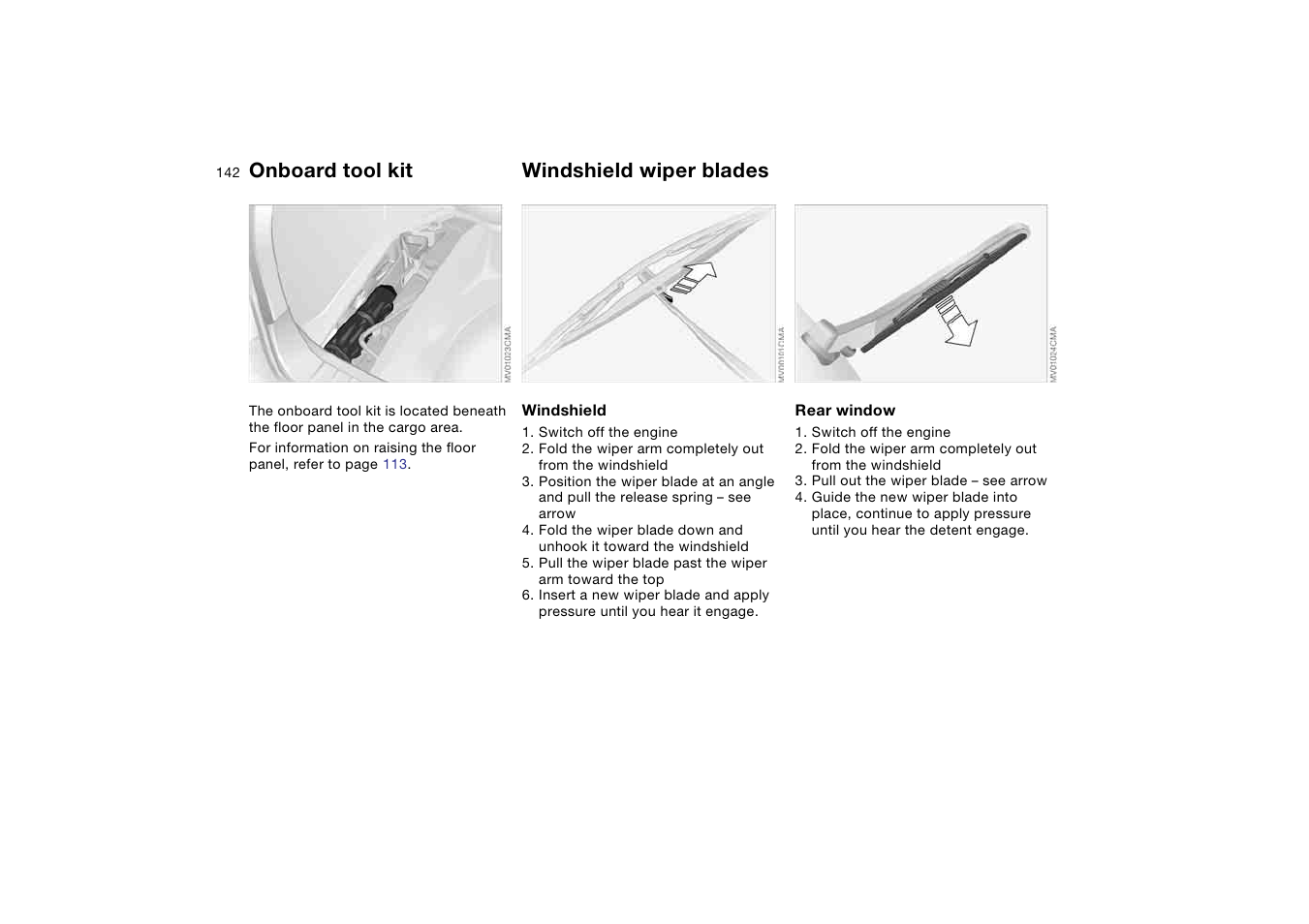 Replacement procedures, Onboard tool kit, Windshield wiper blades | BMW 325XI User Manual | Page 142 / 178