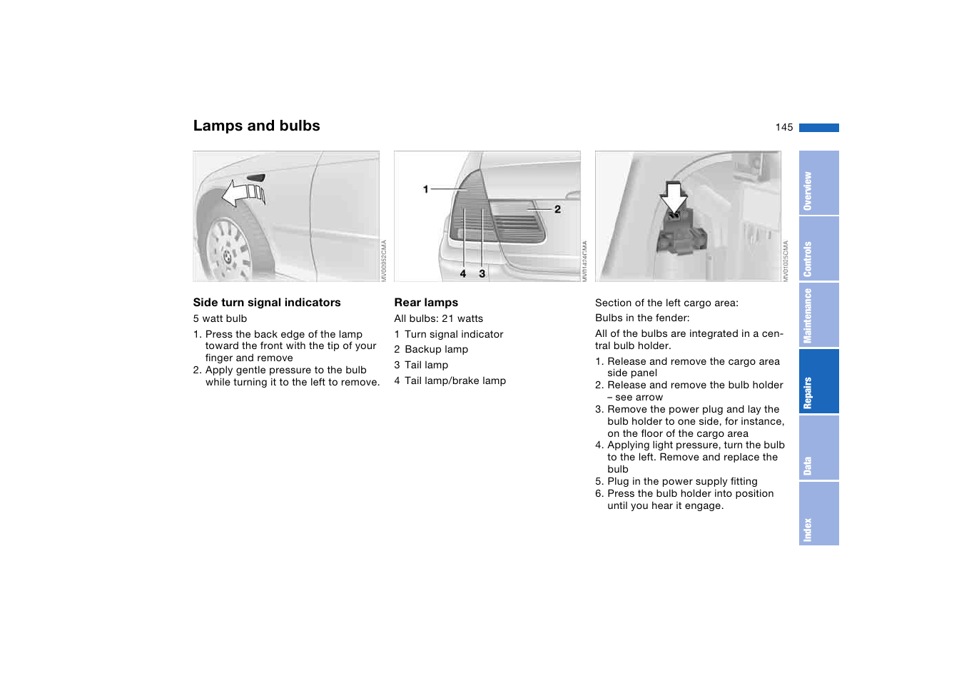 Lamps and bulbs | BMW 325XI User Manual | Page 145 / 178