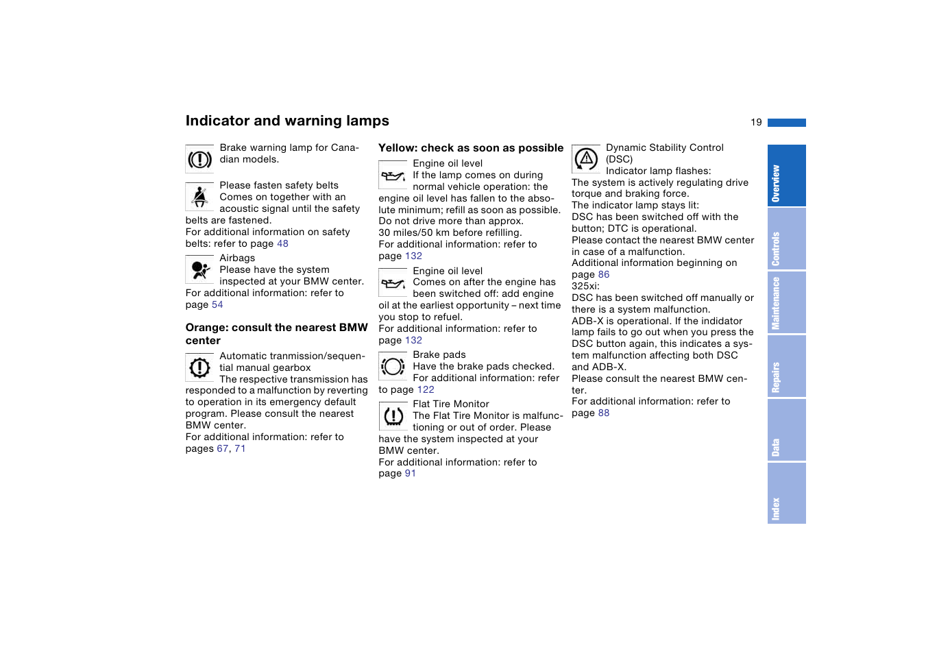 Indicator and warning lamps | BMW 325XI User Manual | Page 19 / 178