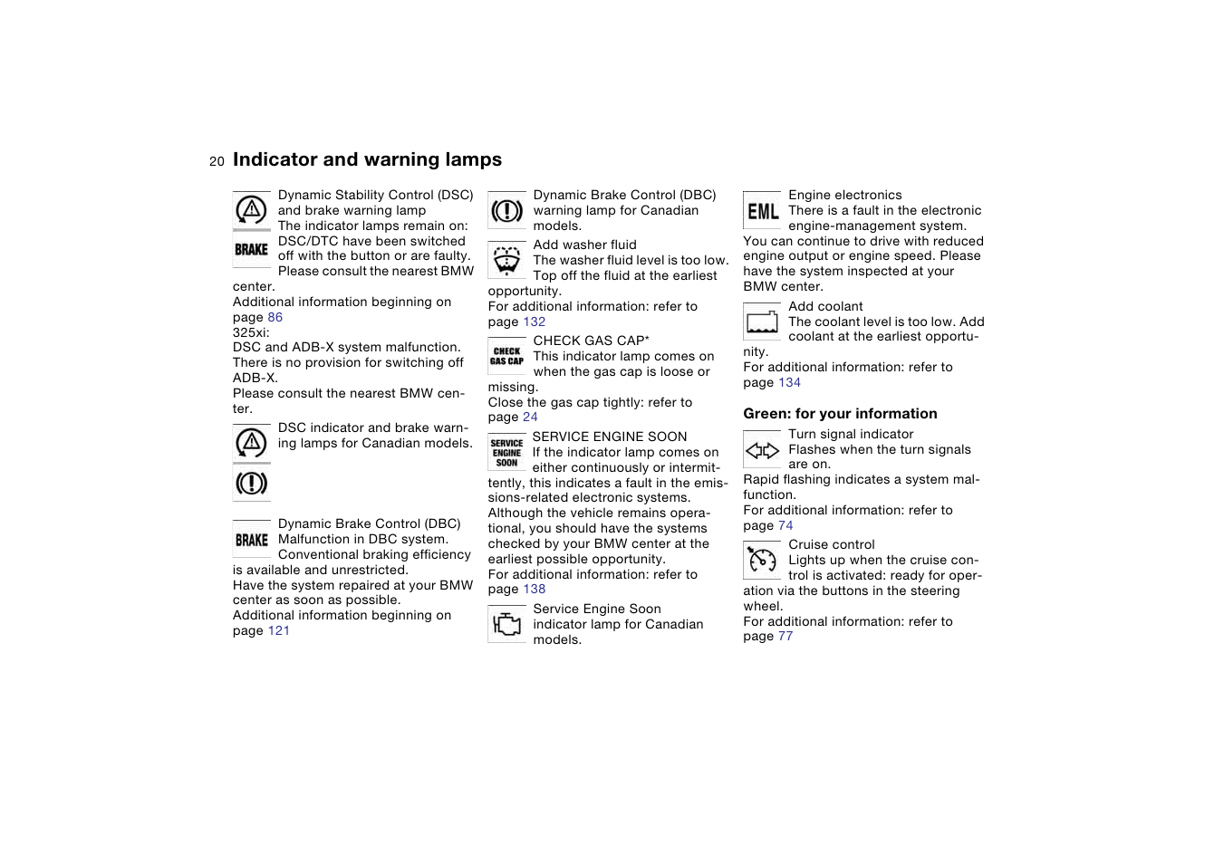 Indicator lamp for turn signals, Indicator and warning lamps | BMW 325XI User Manual | Page 20 / 178