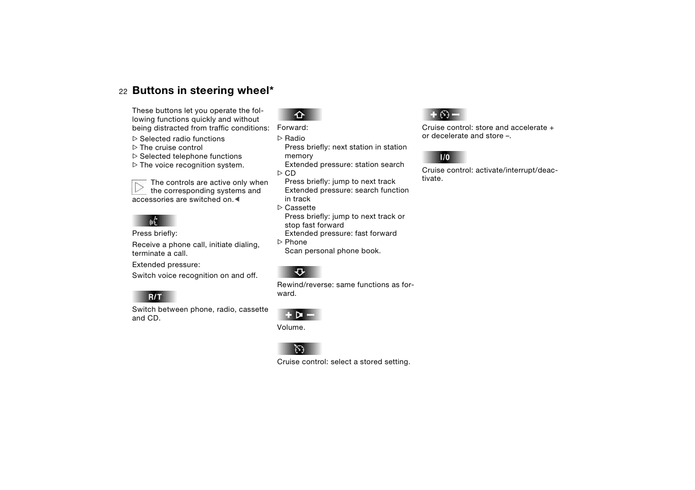 Buttons in steering wheel | BMW 325XI User Manual | Page 22 / 178