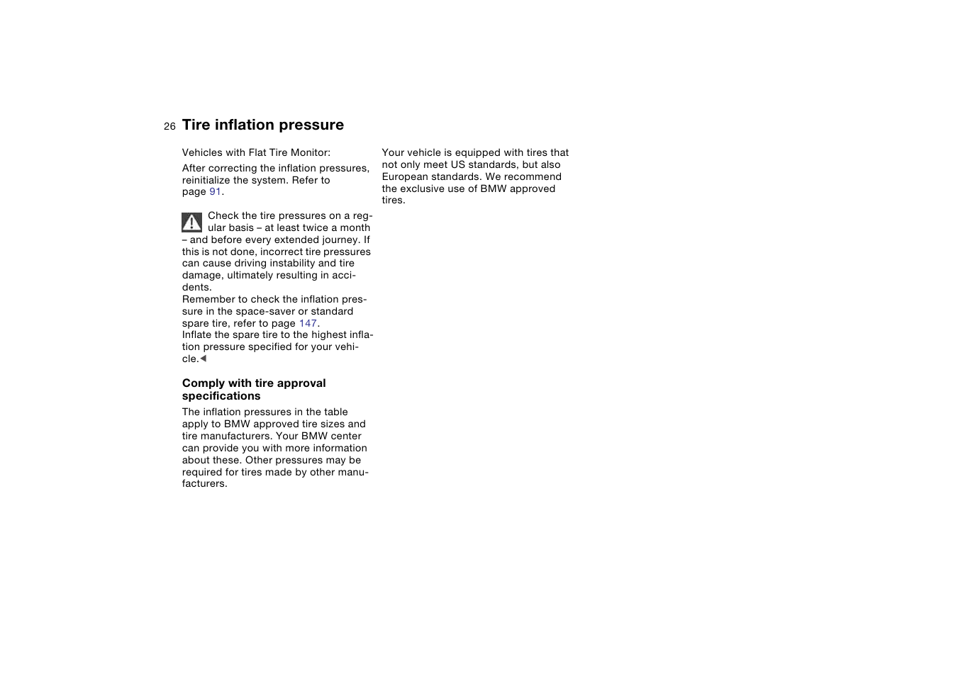 Tire inflation pressure | BMW 325XI User Manual | Page 26 / 178