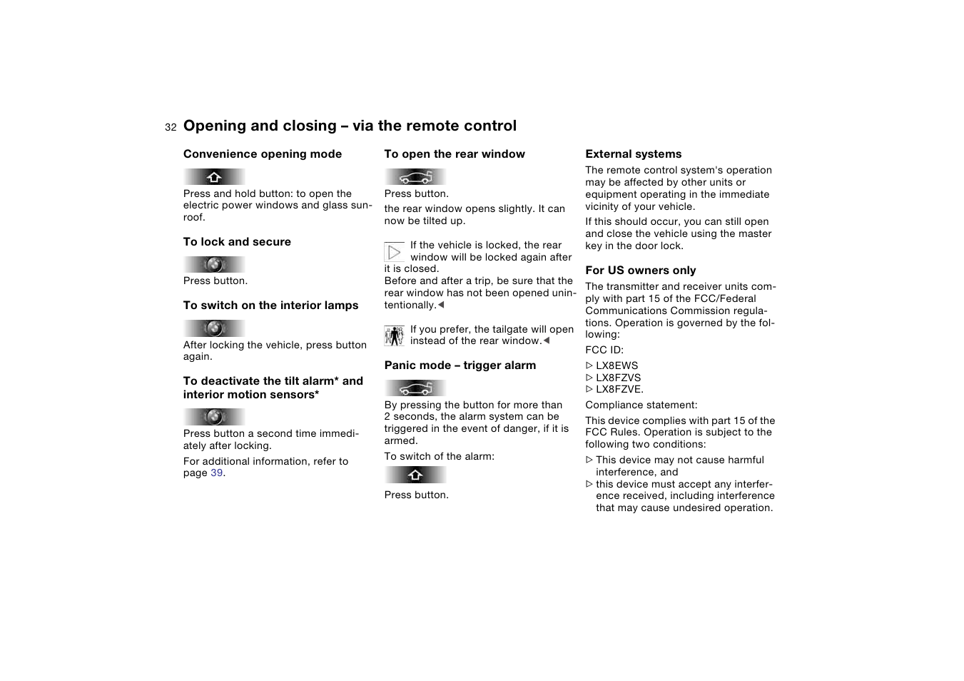 Opening and closing – via the remote control | BMW 325XI User Manual | Page 32 / 178