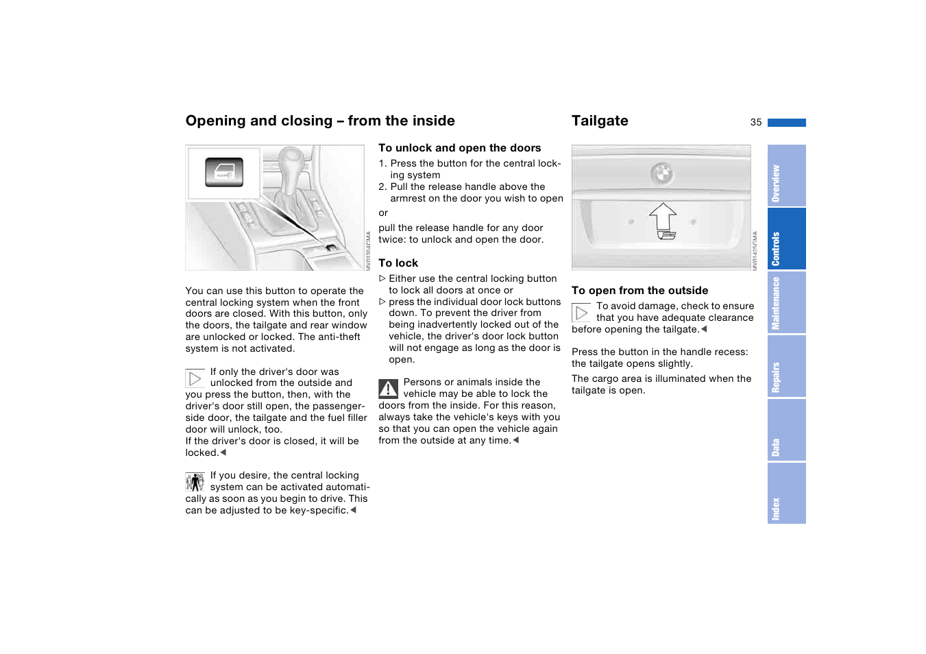 Opening and closing – from the inside, Tailgate, Opening and closing – from the | Inside | BMW 325XI User Manual | Page 35 / 178