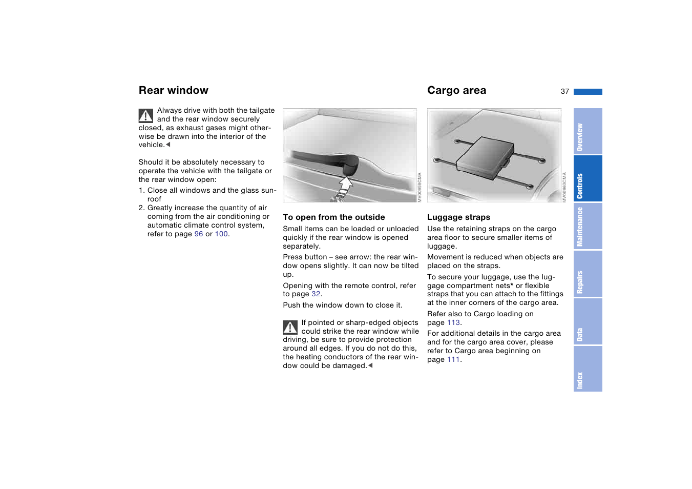 Cargo area, Rear window | BMW 325XI User Manual | Page 37 / 178