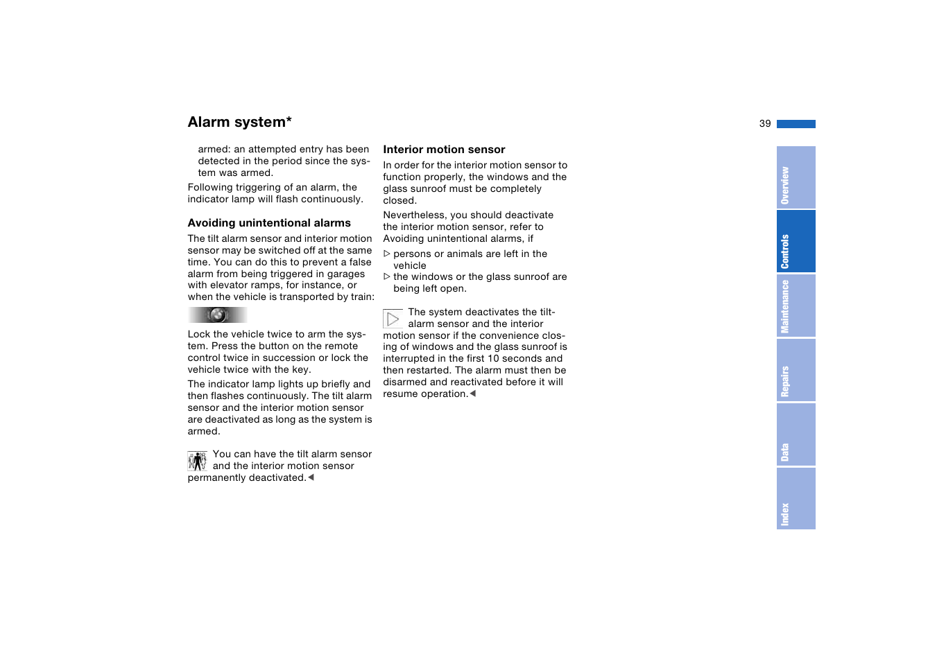 Alarm system | BMW 325XI User Manual | Page 39 / 178