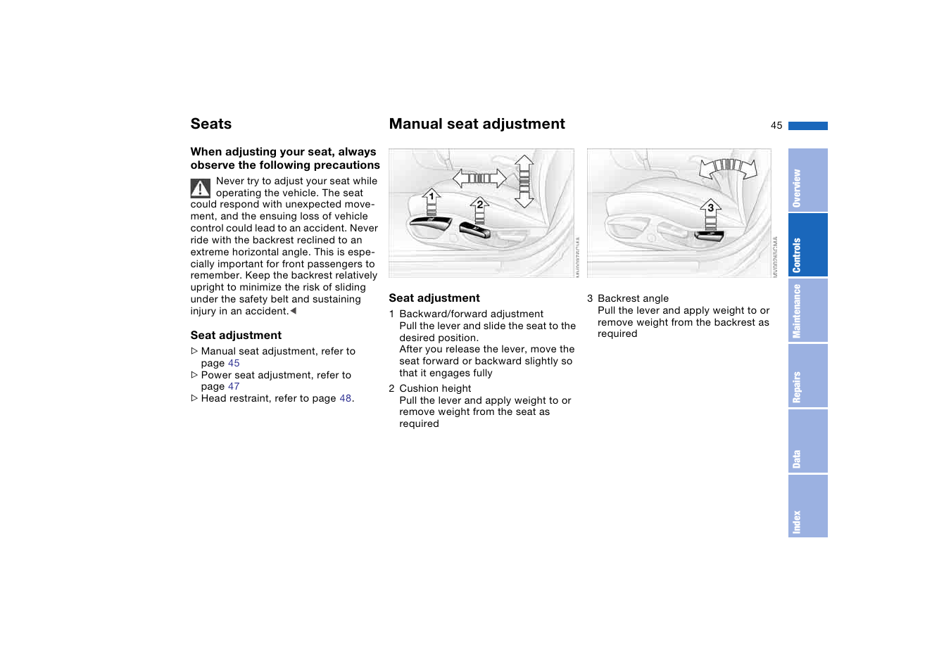 Seats, Manual seat adjustment | BMW 325XI User Manual | Page 45 / 178