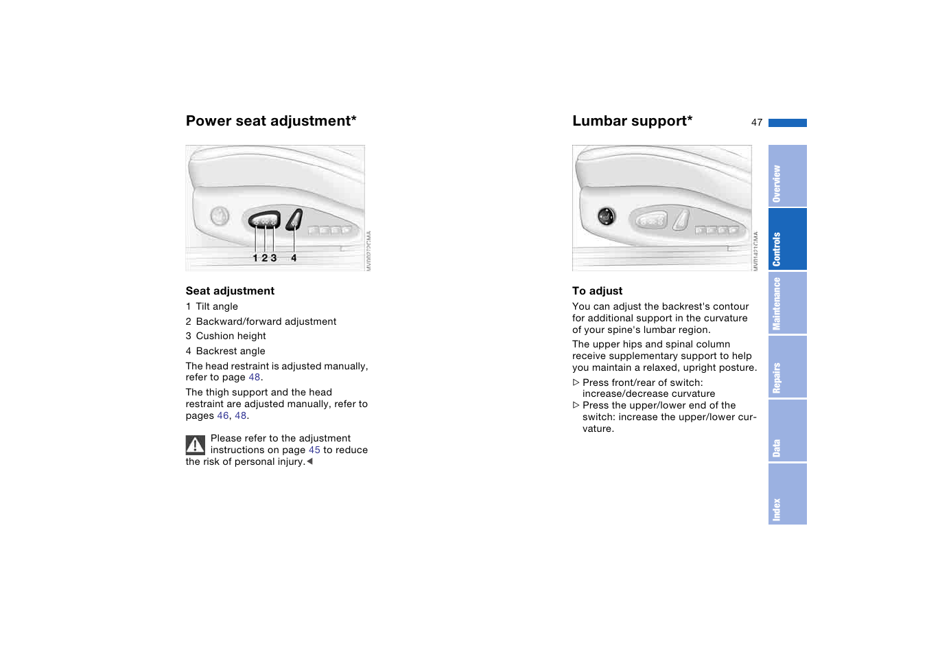 Power seat adjustment, Lumbar support | BMW 325XI User Manual | Page 47 / 178