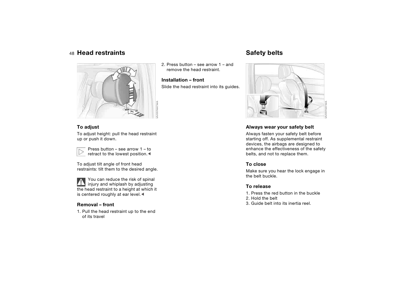 Head restraints, Safety belts | BMW 325XI User Manual | Page 48 / 178