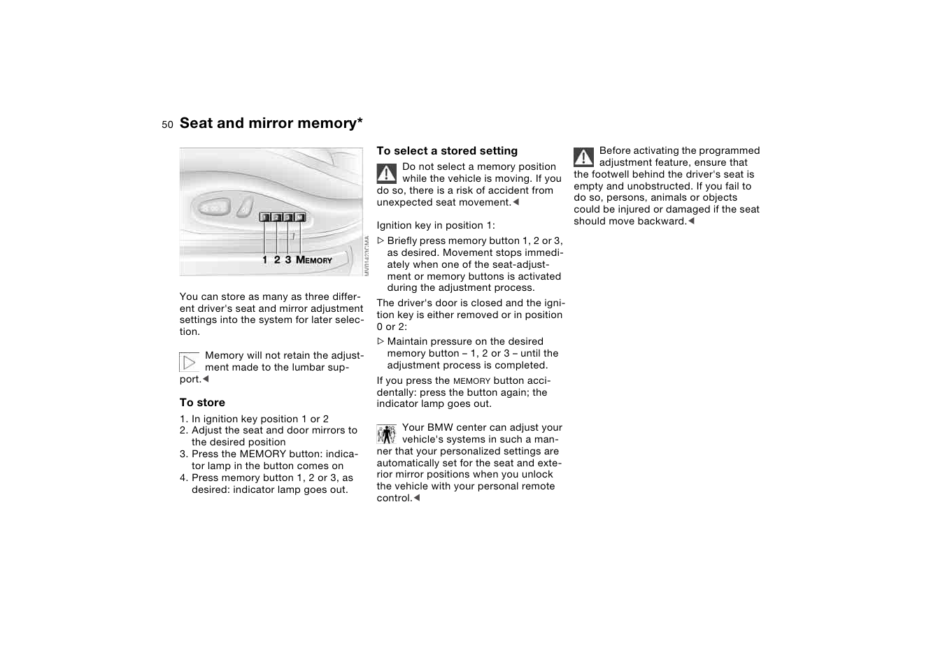 Seat and mirror memory | BMW 325XI User Manual | Page 50 / 178