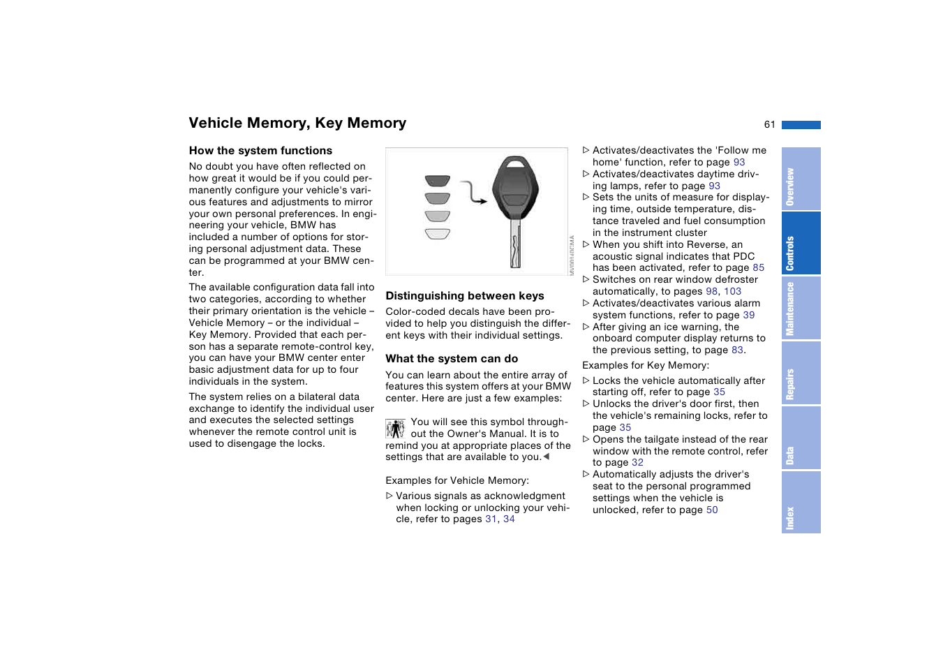 Vehicle memory, key memory, Vehicle memory, key, Memory | BMW 325XI User Manual | Page 61 / 178