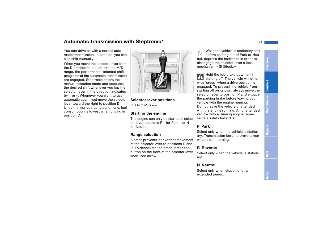 Automatic transmission, Automatic transmission with, Steptronic | Automatic transmission with steptronic | BMW 325XI User Manual | Page 71 / 178