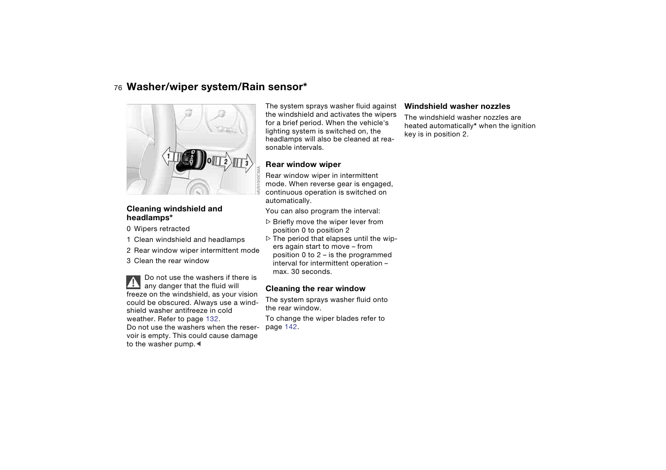 Washer/wiper system/rain sensor | BMW 325XI User Manual | Page 76 / 178