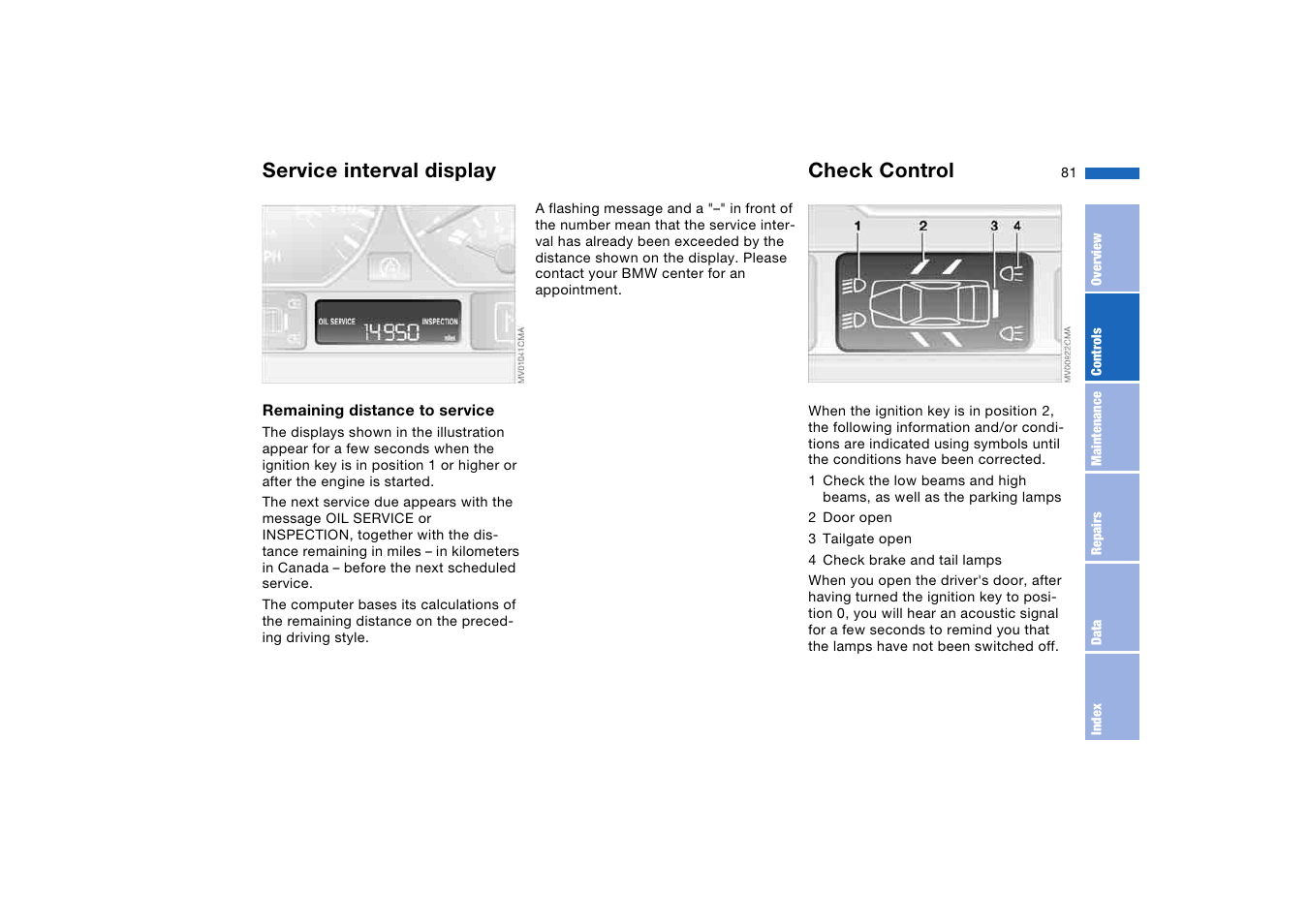 Service interval display, Check control, Service interval | BMW 325XI User Manual | Page 81 / 178