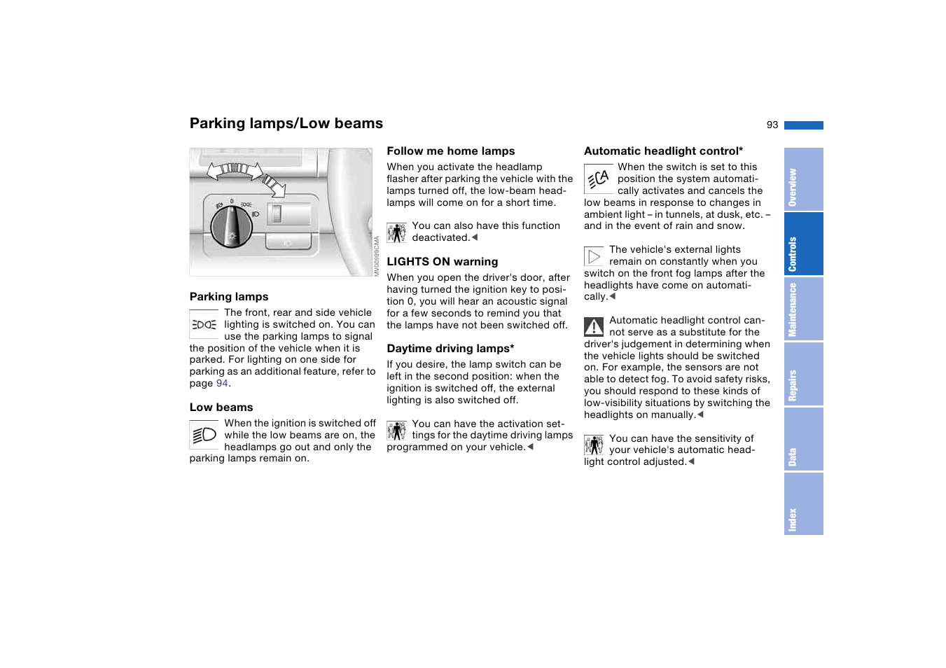 Lamps, Parking lamps/low beams | BMW 325XI User Manual | Page 93 / 178