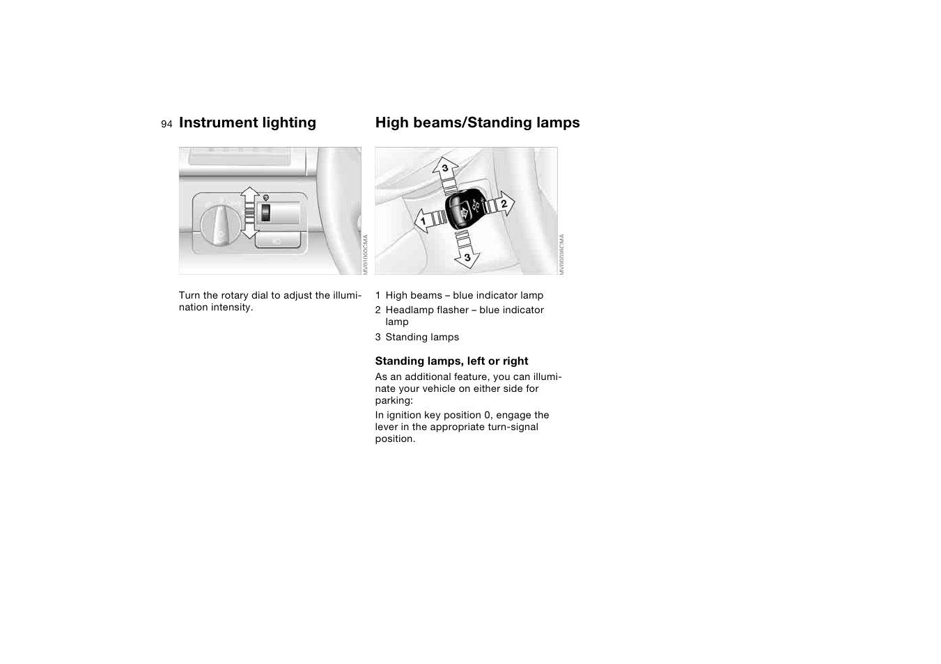 Instrument lighting, High beams/standing lamps | BMW 325XI User Manual | Page 94 / 178