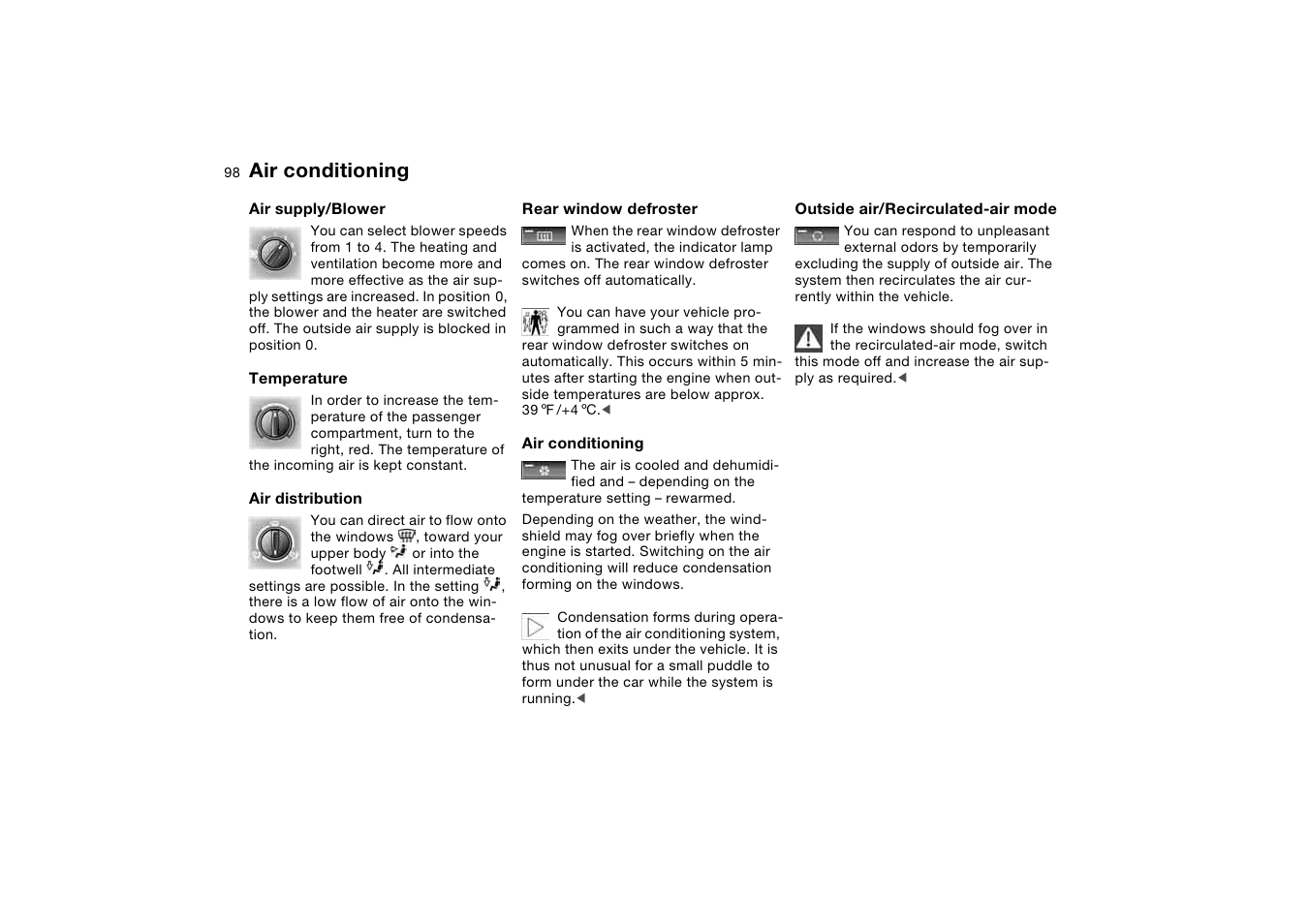 Rear window defroster, Temperature, Mode | Air conditioning | BMW 325XI User Manual | Page 98 / 178