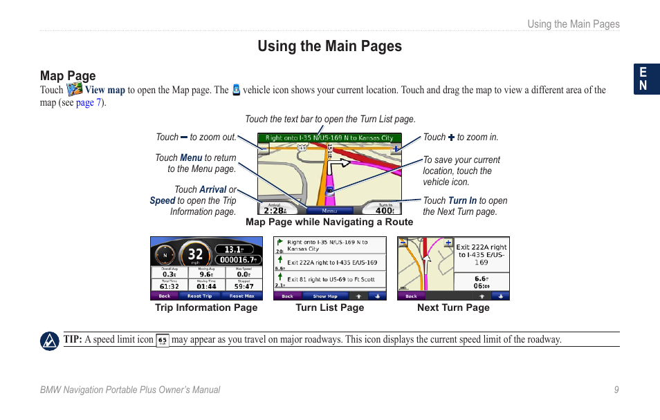 Using the main pages, Map page | BMW Navigation Portable Plus User Manual | Page 15 / 40