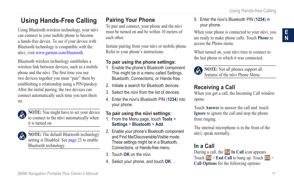 Using hands-free calling, Pairing your phone, Receiving a call | In a call | BMW Navigation Portable Plus User Manual | Page 17 / 40