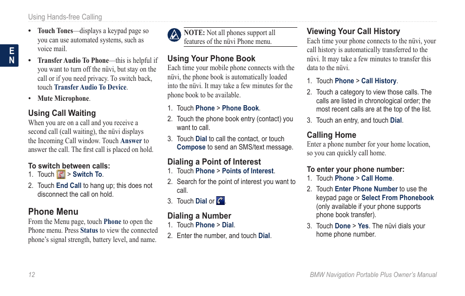 Phone menu | BMW Navigation Portable Plus User Manual | Page 18 / 40