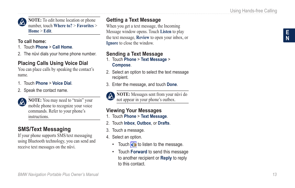 Sms/text messaging | BMW Navigation Portable Plus User Manual | Page 19 / 40