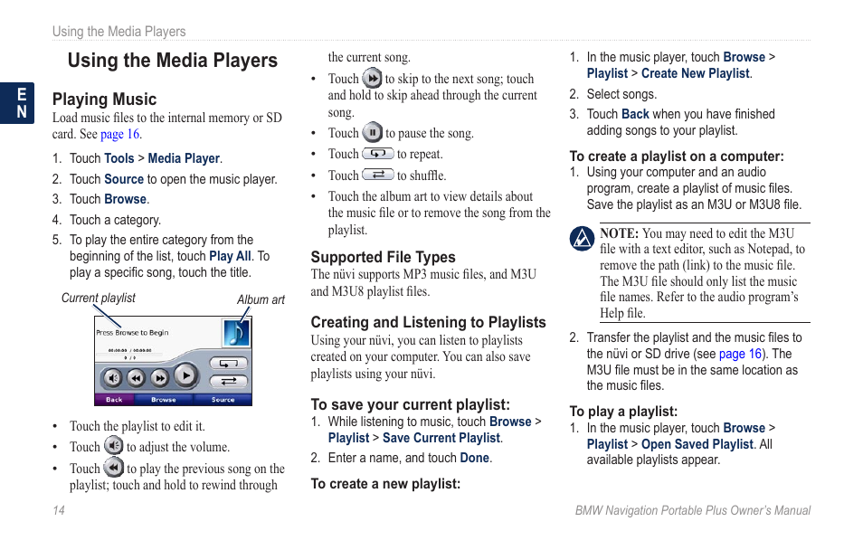 Using the media players, Playing music | BMW Navigation Portable Plus User Manual | Page 20 / 40