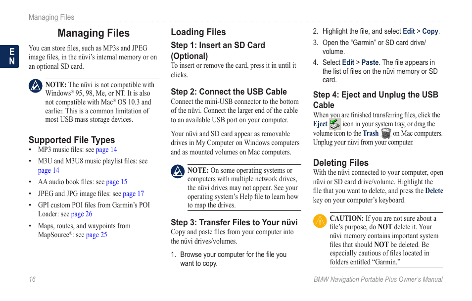 Managing files, Supported file types, Loading files | Deleting files | BMW Navigation Portable Plus User Manual | Page 22 / 40