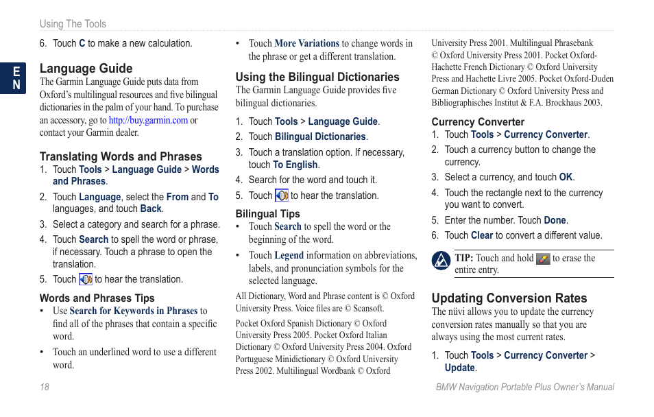 Language guide, Updating conversion rates | BMW Navigation Portable Plus User Manual | Page 24 / 40