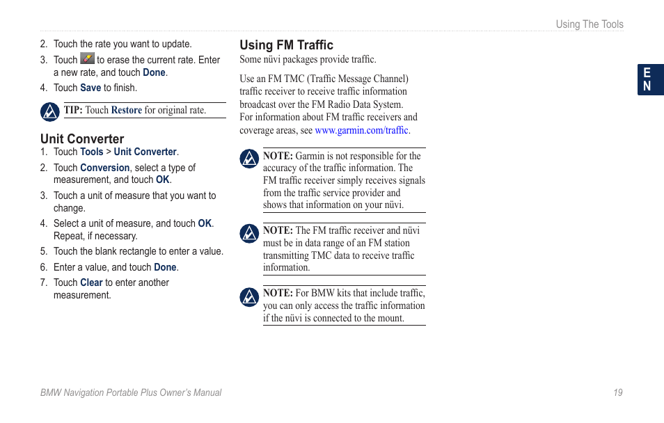 Updating conversion rates, Unit converter, Using fm traffic | BMW Navigation Portable Plus User Manual | Page 25 / 40