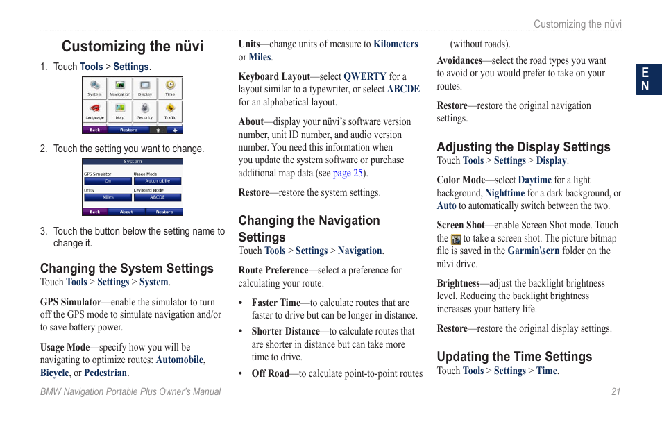 Customizing the nüvi, Changing the system settings, Changing the navigation settings | Adjusting the display settings | BMW Navigation Portable Plus User Manual | Page 27 / 40