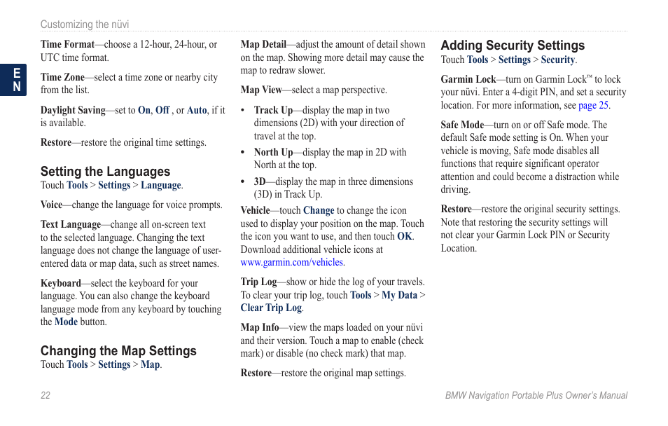 Updating the time settings, Setting the languages, Changing the map settings | Adding security settings | BMW Navigation Portable Plus User Manual | Page 28 / 40